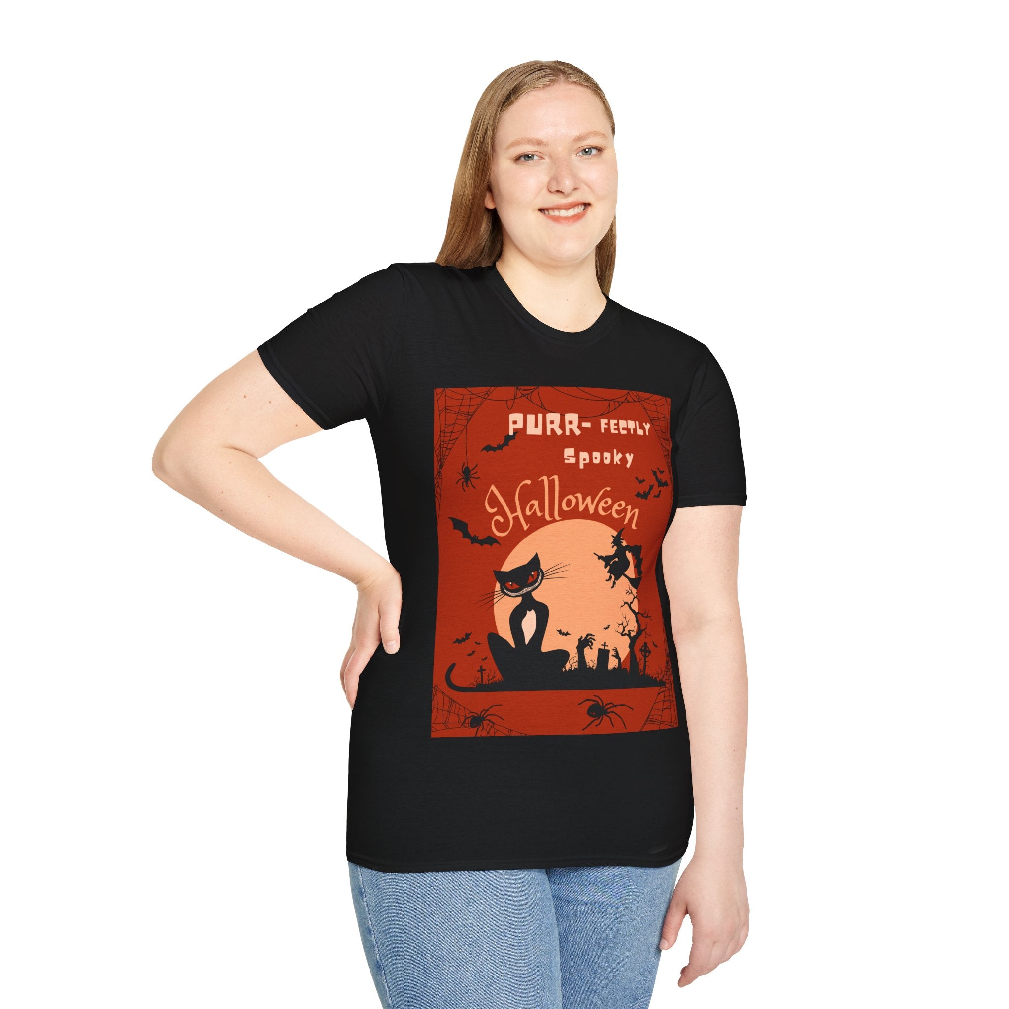 Purr-fectly Spooky Halloween Cat T-Shirt, Vintage vibe, for All Ages, Unisex, Gildan 64000