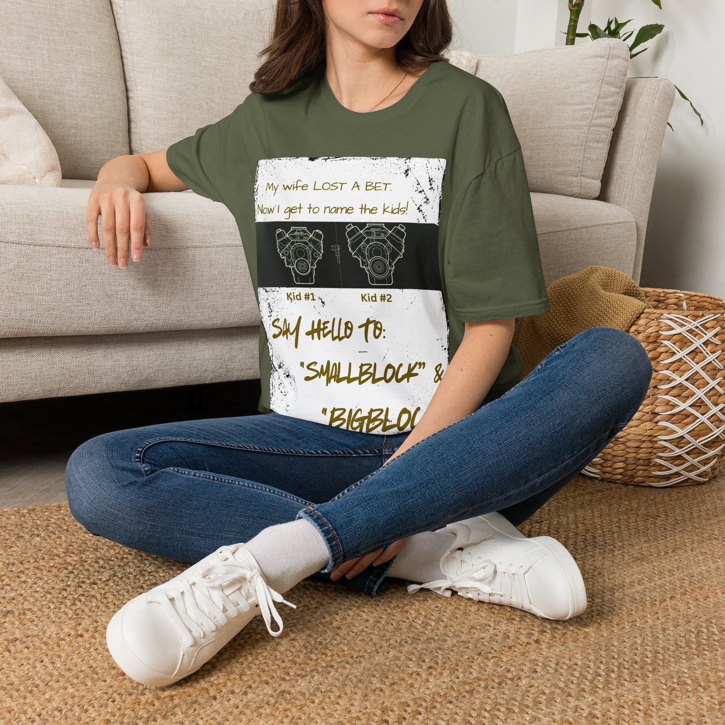 Funny Nod to Car Guys & Gals W/Golden Text T-Shirt — "My Wife Lost a Bet. Now I Get to Name the Kids!"
