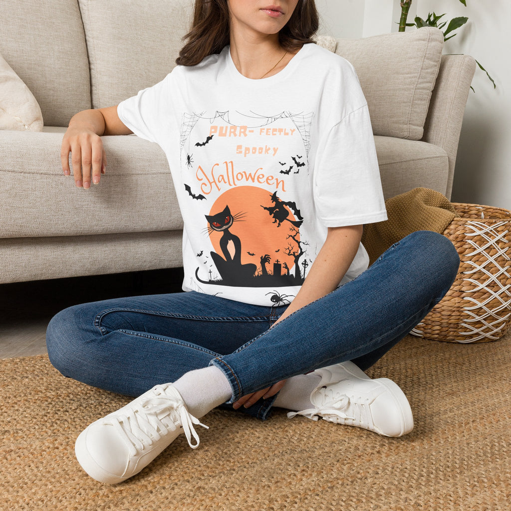 Halloween Cat T-Shirt — "Purr-feeIly Spooky Halloween" Cute Black Cat & Bats Tee