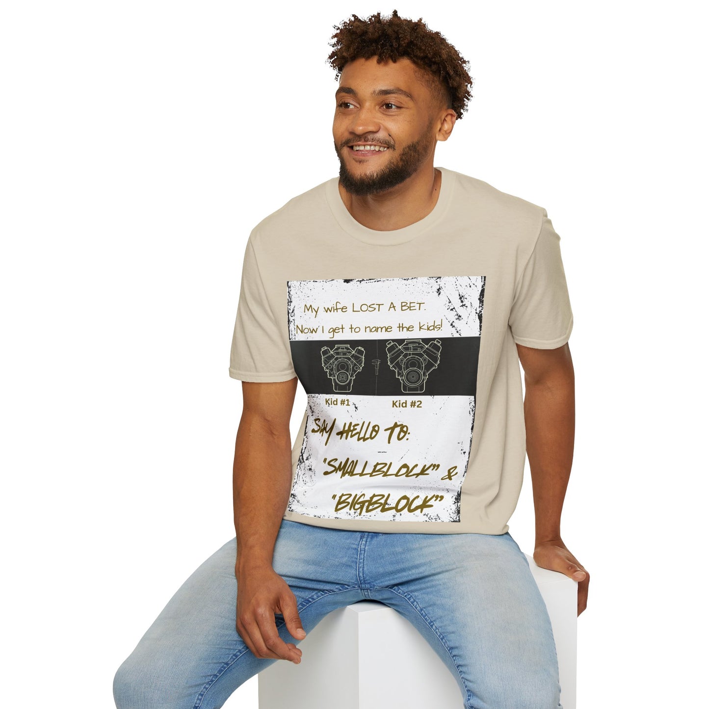 Funny Nod to Car Guys & Gals W/Golden Text T-Shirt — "My Wife Lost a Bet. Now I Get to Name the Kids!"