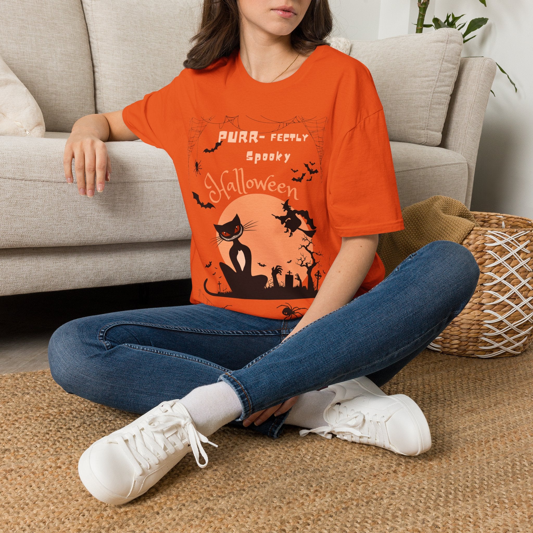 Halloween Cat T-Shirt — "Purr-feeIly Spooky Halloween" Cute Black Cat & Bats Tee