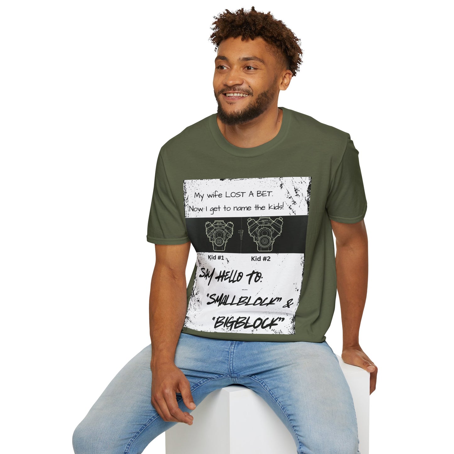 Funny Nod to Car Guys & Gals W/Black Text T-Shirt — "My Wife Lost a Bet. Now I Get to Name the Kids!"