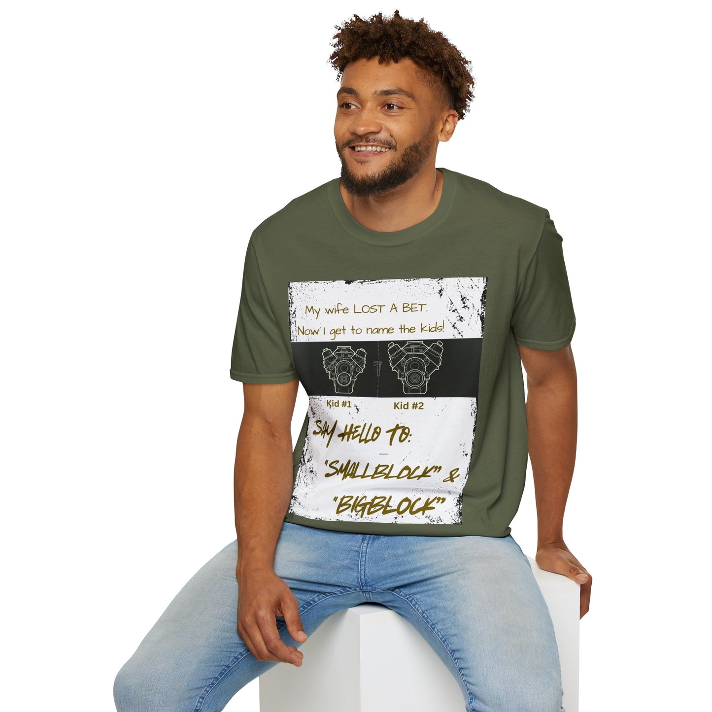 Funny Nod to Car Guys & Gals W/Golden Text T-Shirt — "My Wife Lost a Bet. Now I Get to Name the Kids!"