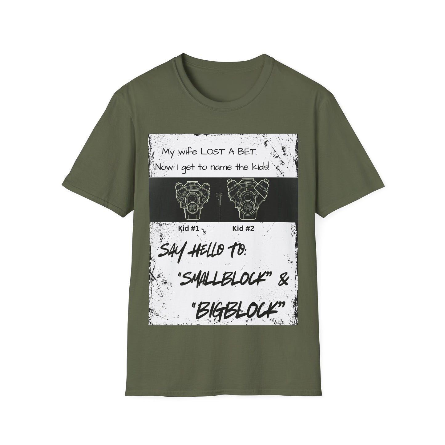 Funny Nod to Car Guys & Gals W/Black Text T-Shirt — "My Wife Lost a Bet. Now I Get to Name the Kids!"
