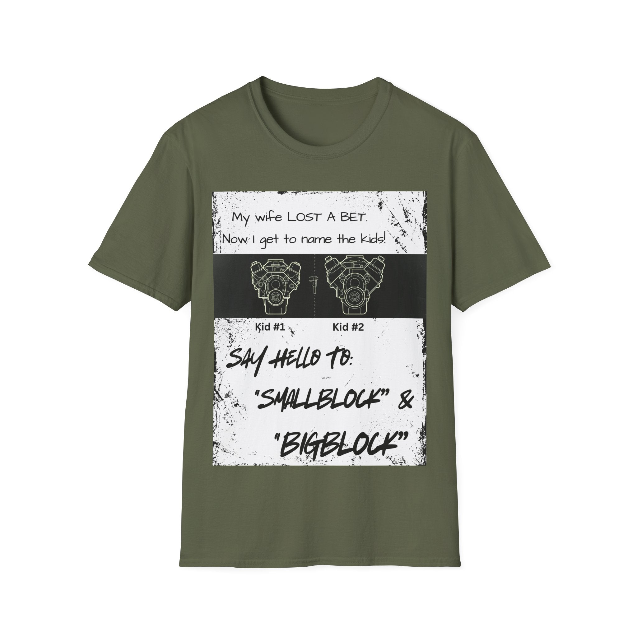 Funny Car Guys & Gals W/Black Text Tee — "My Wife Lost a Bet. Now I Get to Name the Kids!"