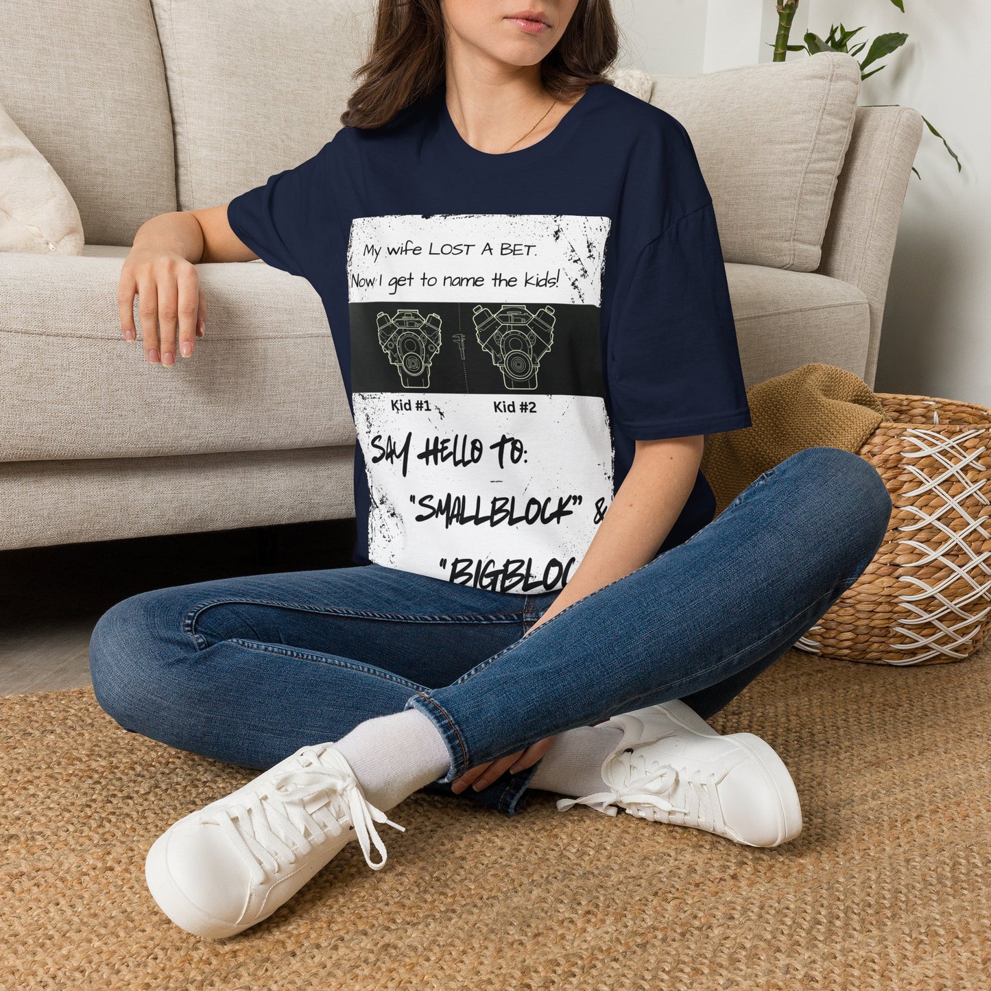 Funny Nod to Car Guys & Gals W/Black Text T-Shirt — "My Wife Lost a Bet. Now I Get to Name the Kids!"