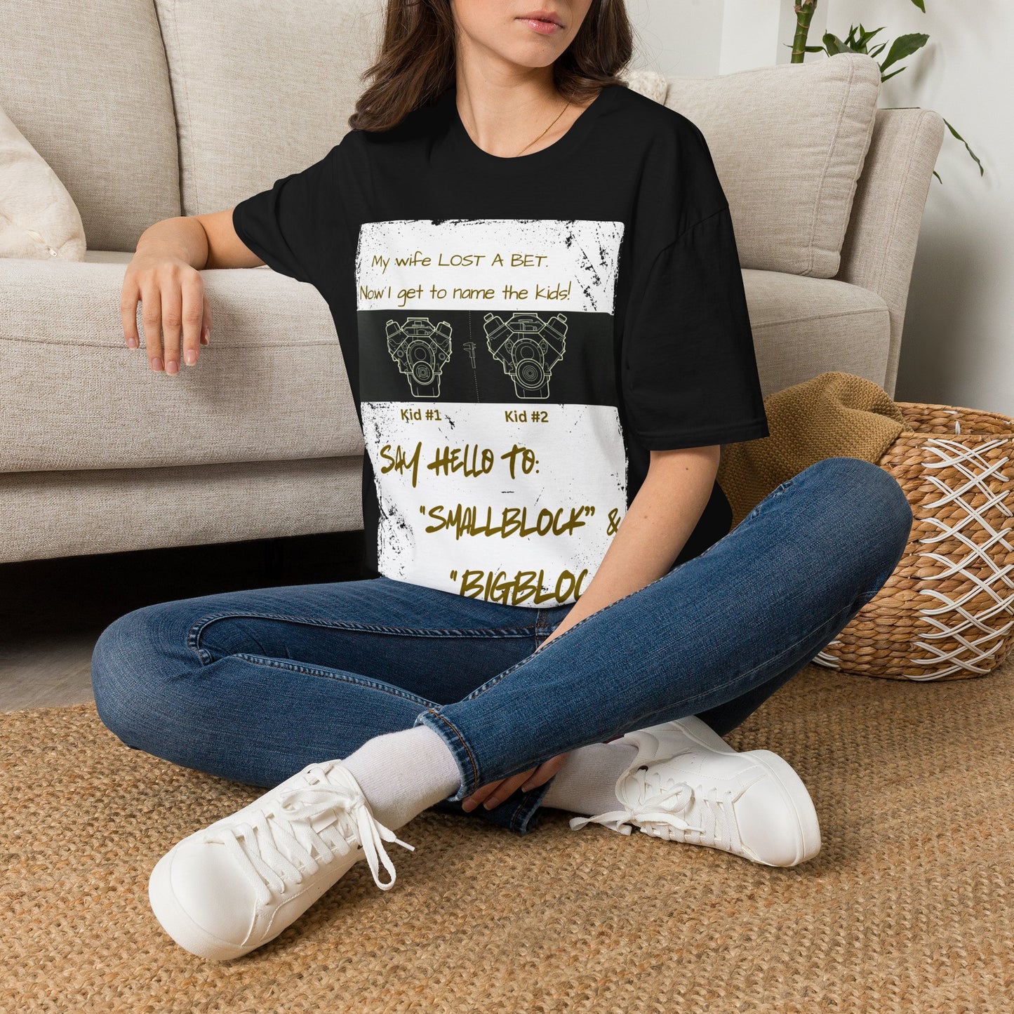 Funny Nod to Car Guys & Gals W/Golden Text T-Shirt — "My Wife Lost a Bet. Now I Get to Name the Kids!"