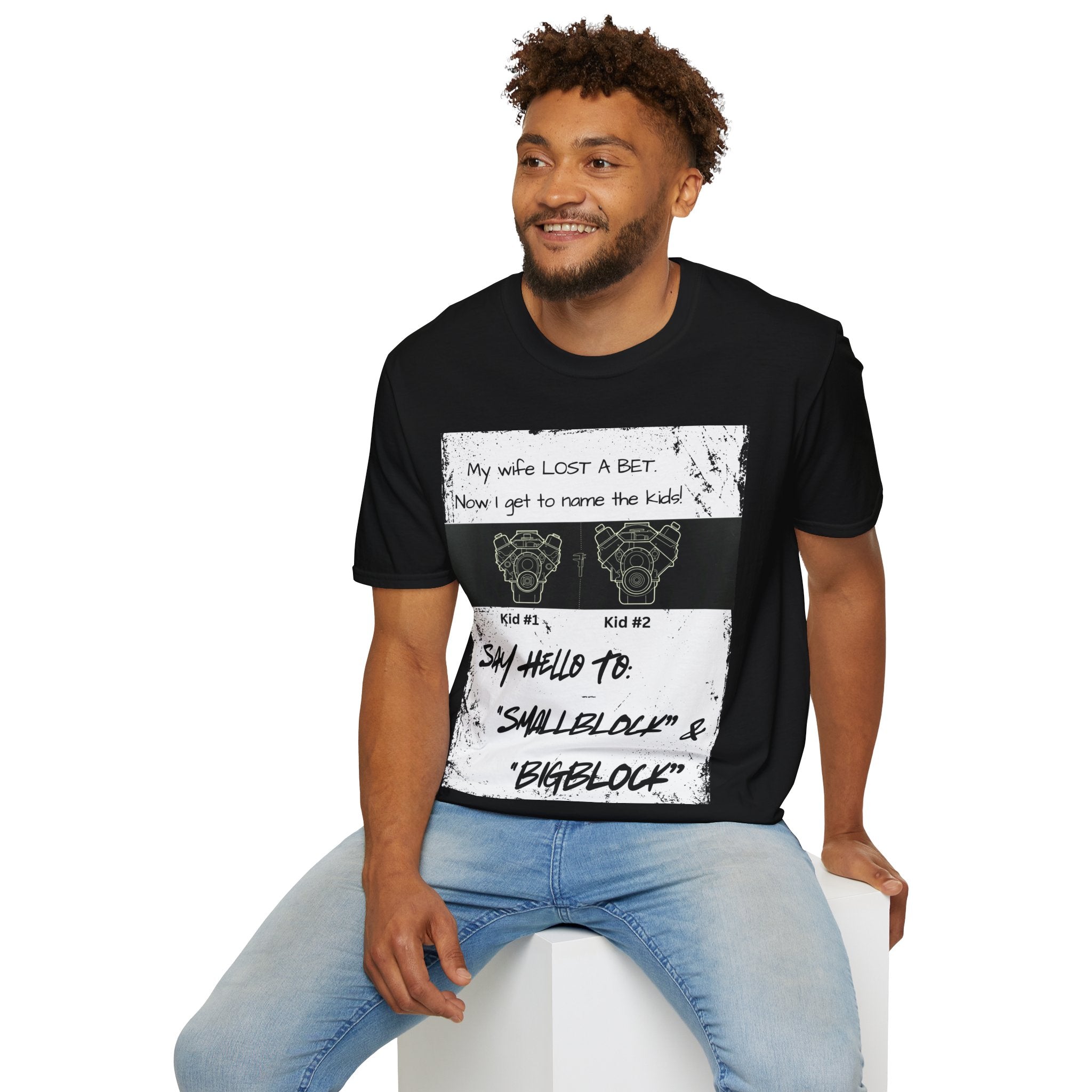 Funny Nod to Car Guys & Gals W/Black Text T-Shirt — "My Wife Lost a Bet. Now I Get to Name the Kids!"