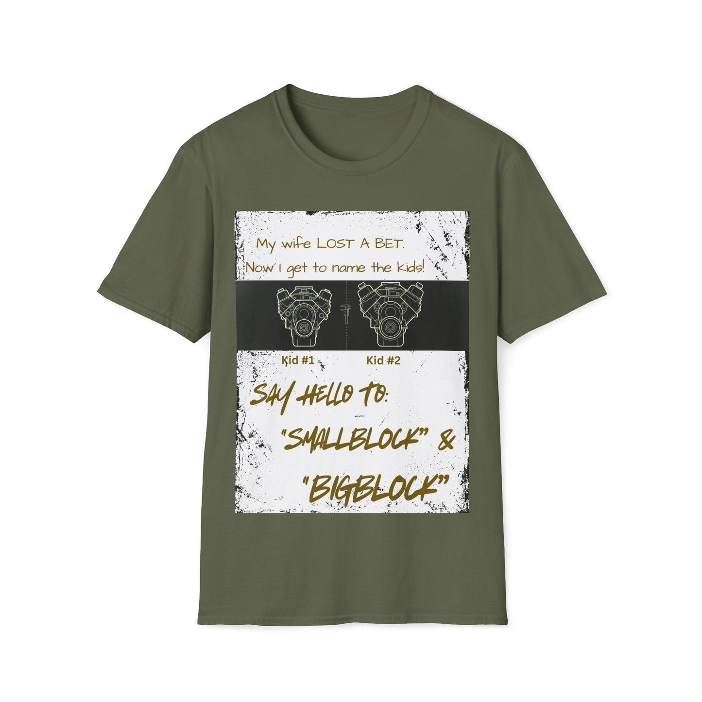 Funny Nod to Car Guys & Gals W/Golden Text T-Shirt — "My Wife Lost a Bet. Now I Get to Name the Kids!"