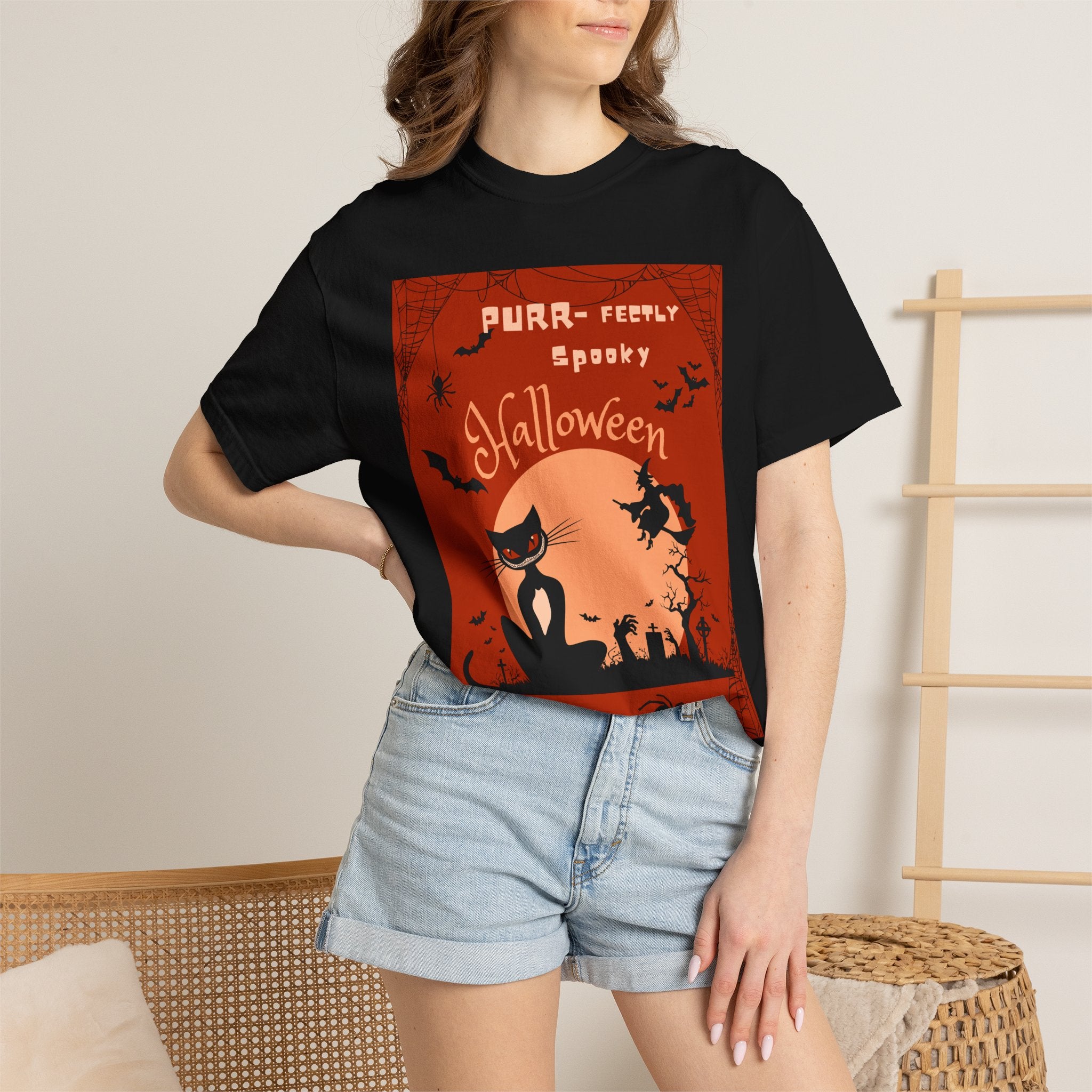 Halloween Cat T-Shirt — "Purr-fectly Spooky" Vintage Witch Design
