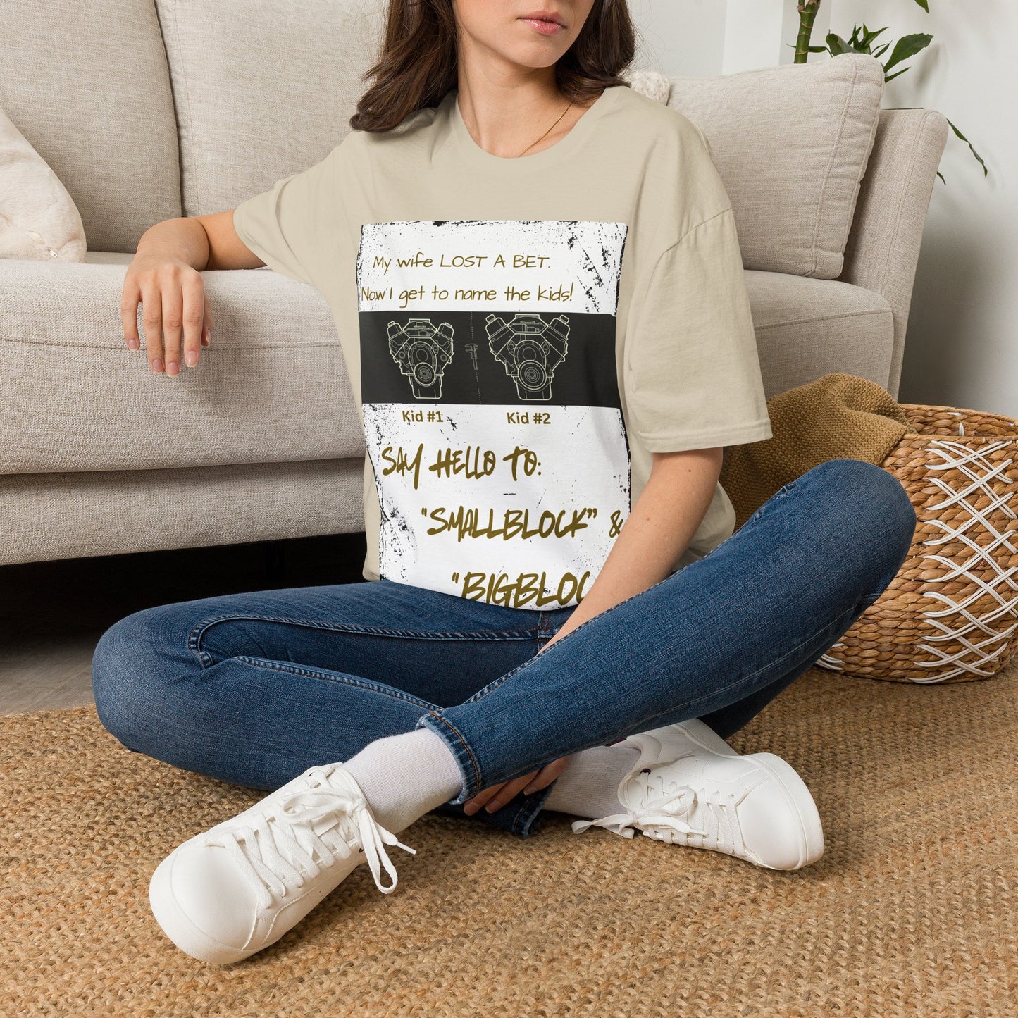 Funny Nod to Car Guys & Gals W/Golden Text T-Shirt — "My Wife Lost a Bet. Now I Get to Name the Kids!"
