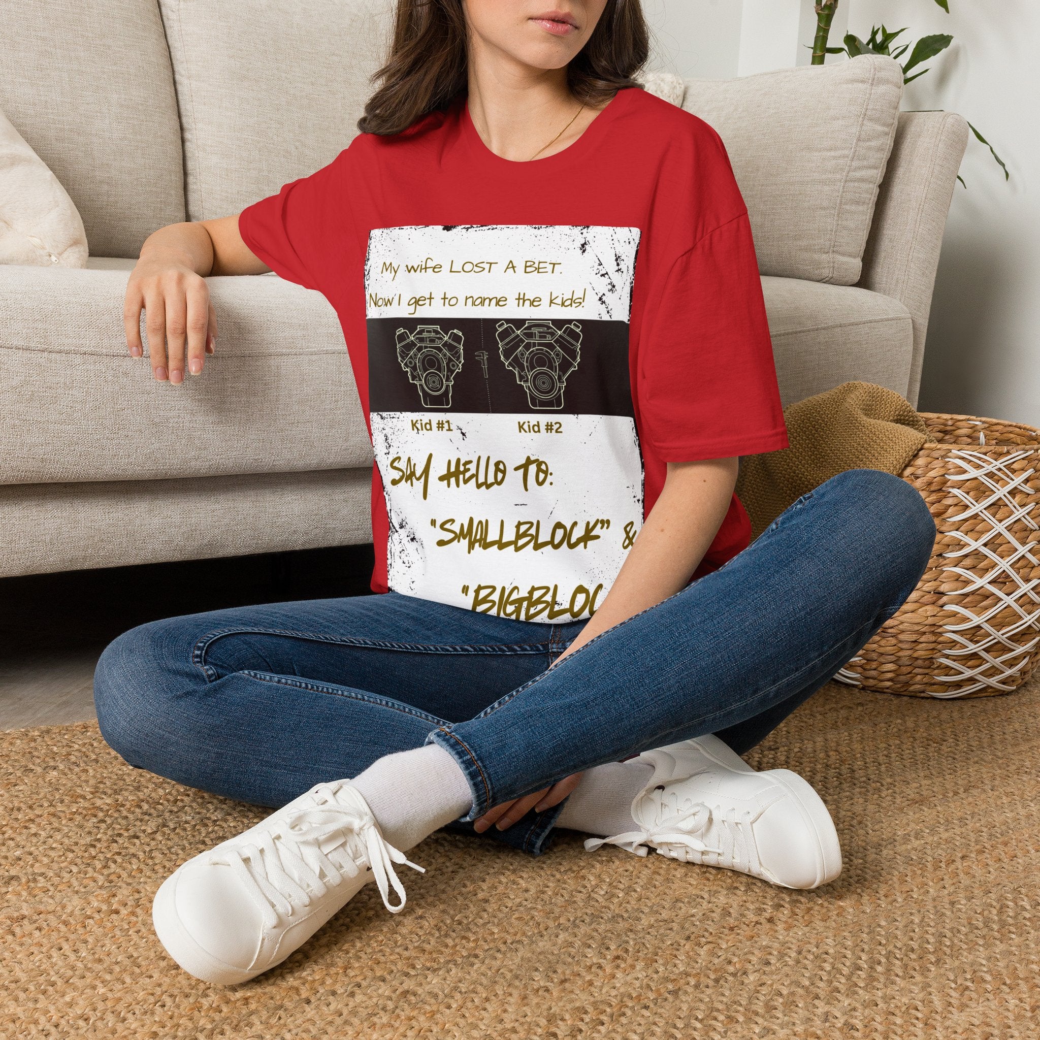 Funny Nod to Car Guys & Gals W/Golden Text T-Shirt — "My Wife Lost a Bet. Now I Get to Name the Kids!"