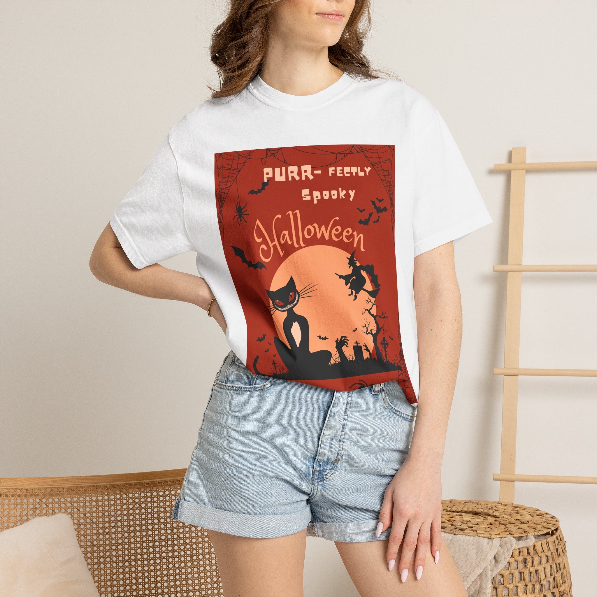 Halloween Cat T-Shirt — "Purr-fectly Spooky" Vintage Witch Design