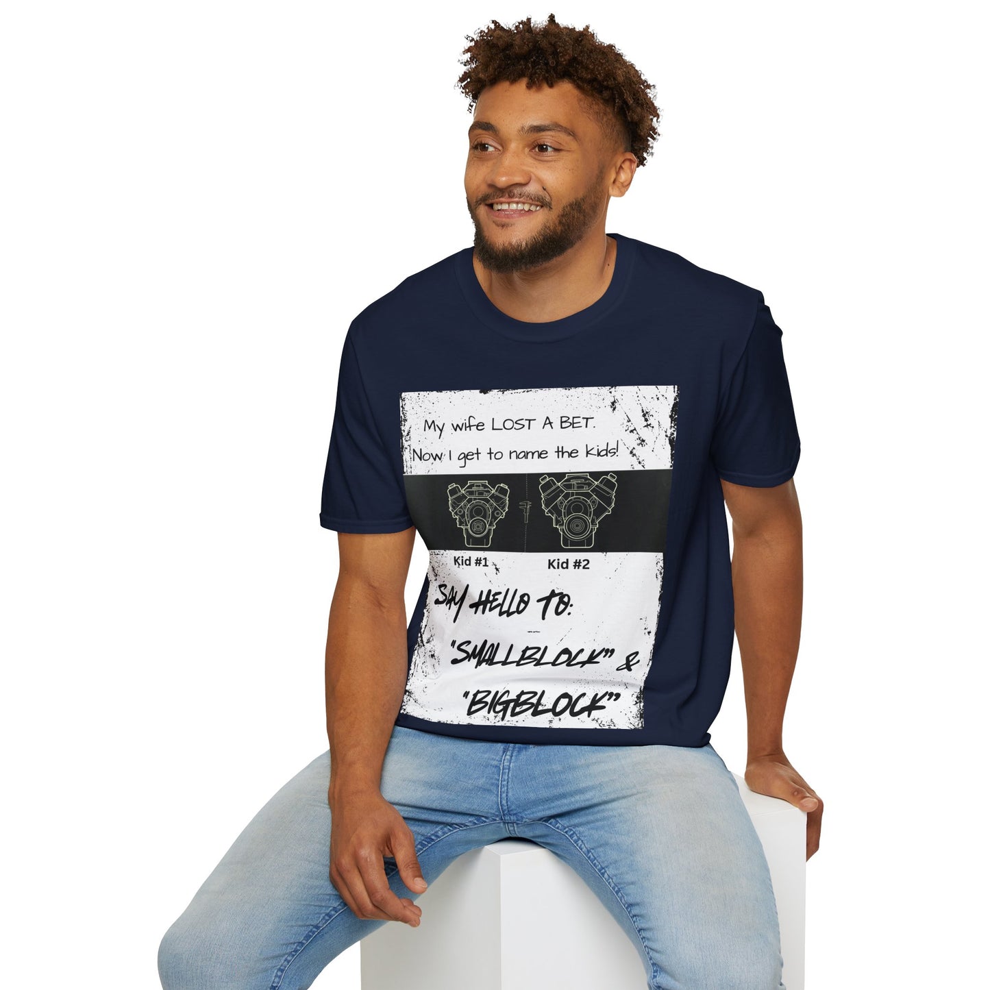 Funny Nod to Car Guys & Gals W/Black Text T-Shirt — "My Wife Lost a Bet. Now I Get to Name the Kids!"