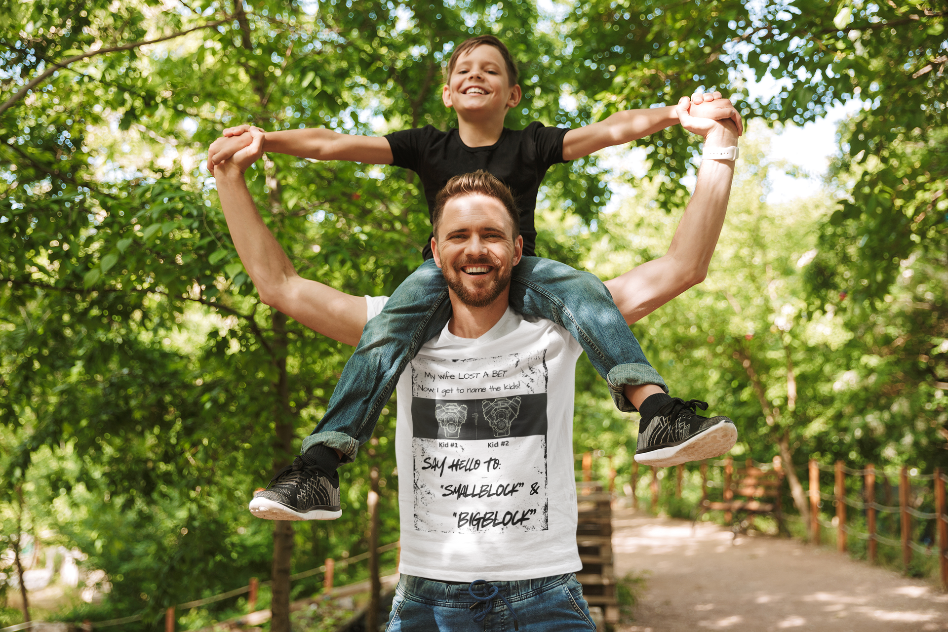 Funny Car Guys & Gals W/Black Text Tee — "My Wife Lost a Bet. Now I Get to Name the Kids!"