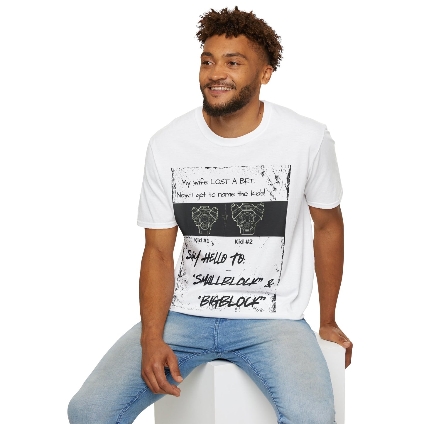 Funny Nod to Car Guys & Gals W/Black Text T-Shirt — "My Wife Lost a Bet. Now I Get to Name the Kids!"