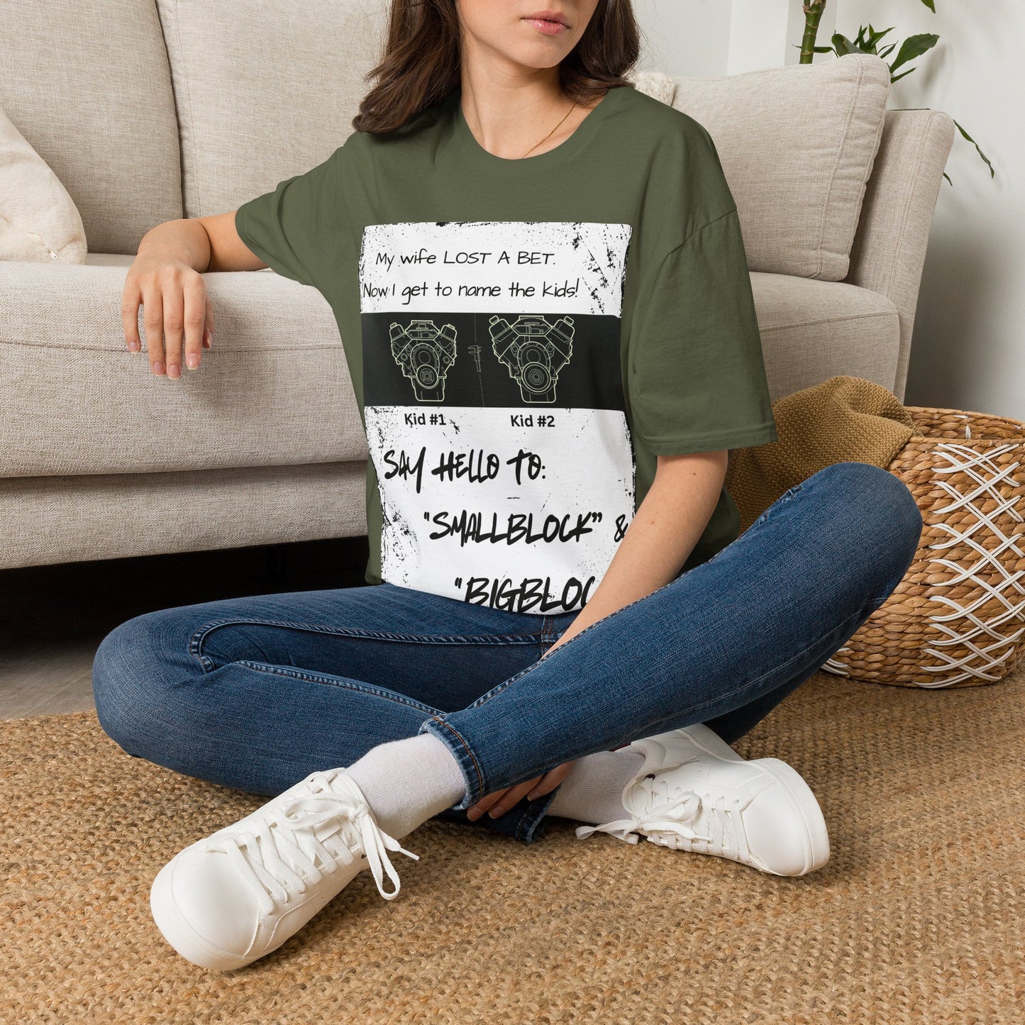 Funny Nod to Car Guys & Gals W/Black Text T-Shirt — "My Wife Lost a Bet. Now I Get to Name the Kids!"