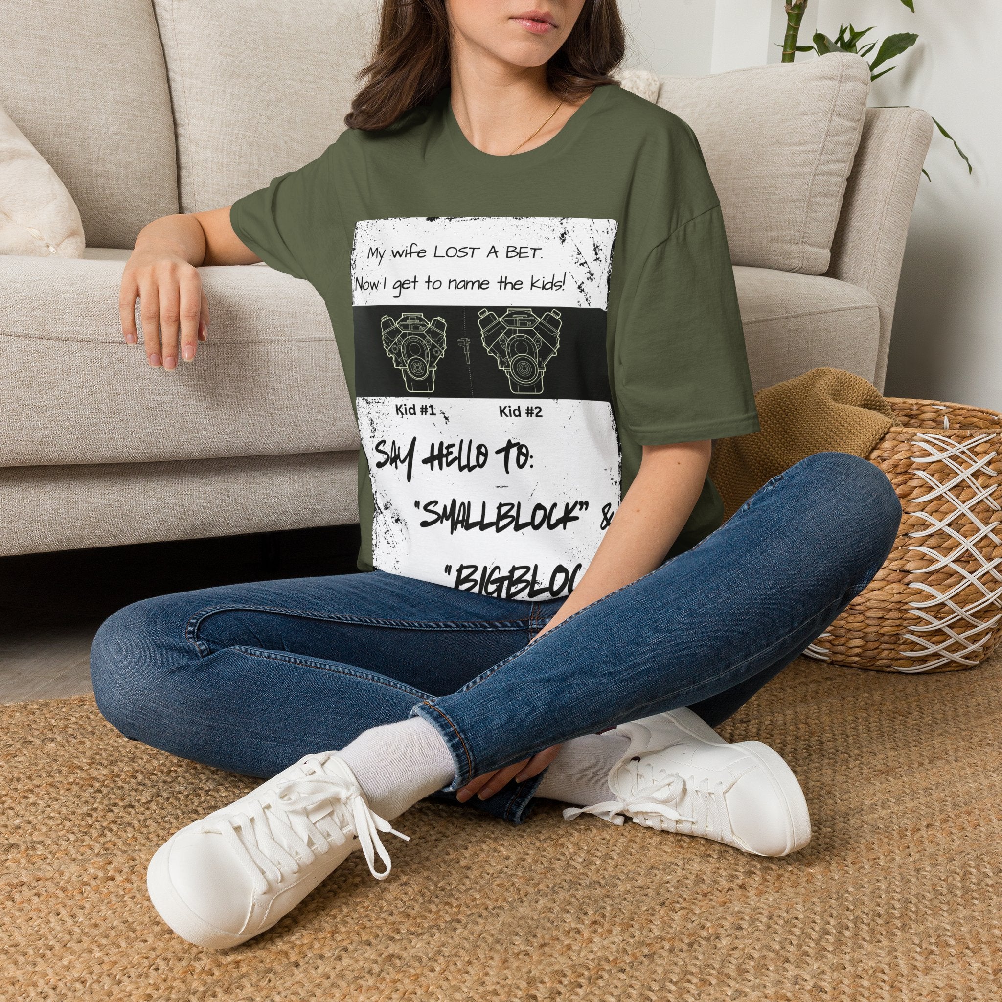 Funny Nod to Car Guys & Gals W/Black Text T-Shirt — "My Wife Lost a Bet. Now I Get to Name the Kids!"