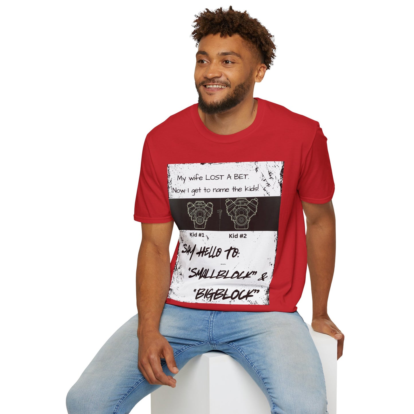 Funny Nod to Car Guys & Gals W/Black Text T-Shirt — "My Wife Lost a Bet. Now I Get to Name the Kids!"