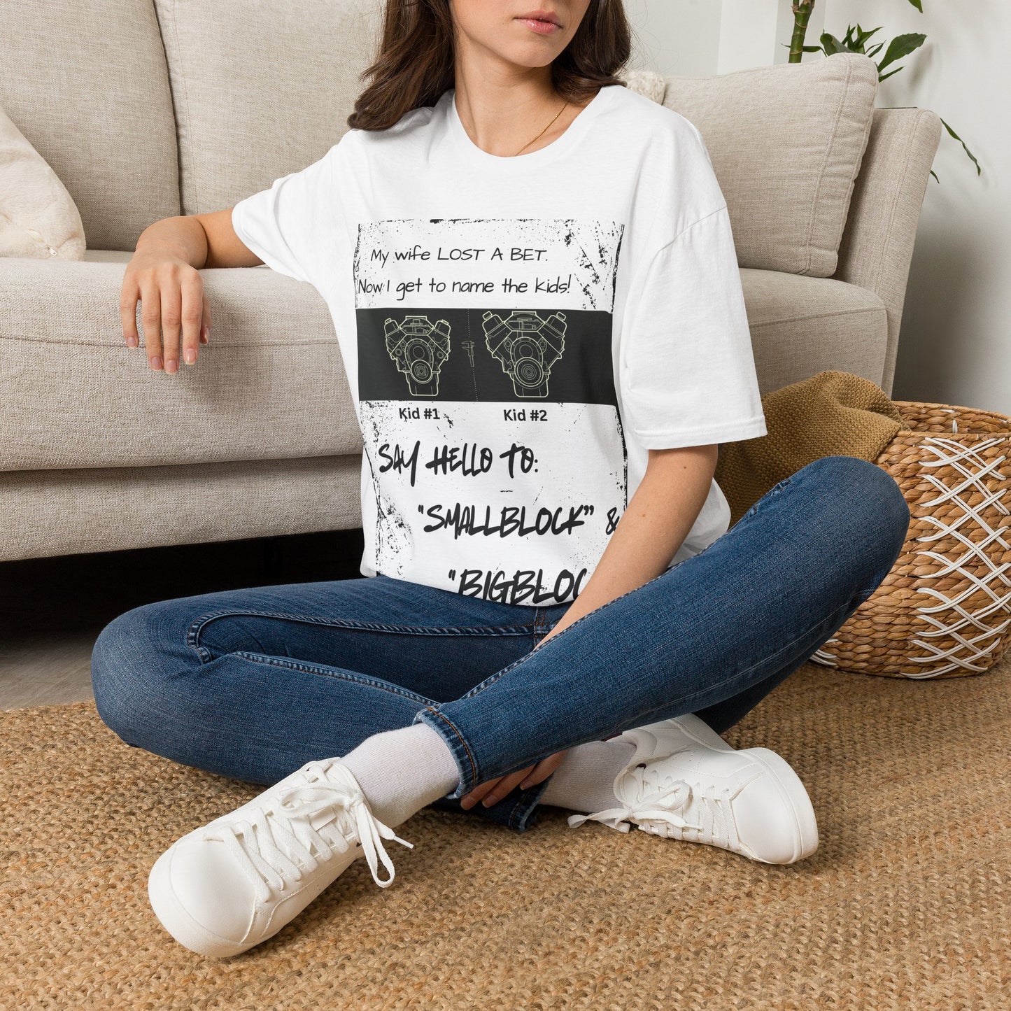 Funny Nod to Car Guys & Gals W/Black Text T-Shirt — "My Wife Lost a Bet. Now I Get to Name the Kids!"