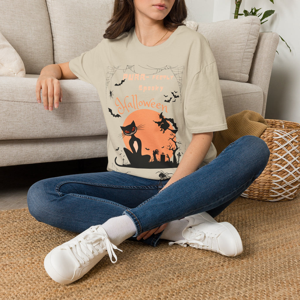 Halloween Cat T-Shirt — "Purr-feeIly Spooky Halloween" Cute Black Cat & Bats Tee