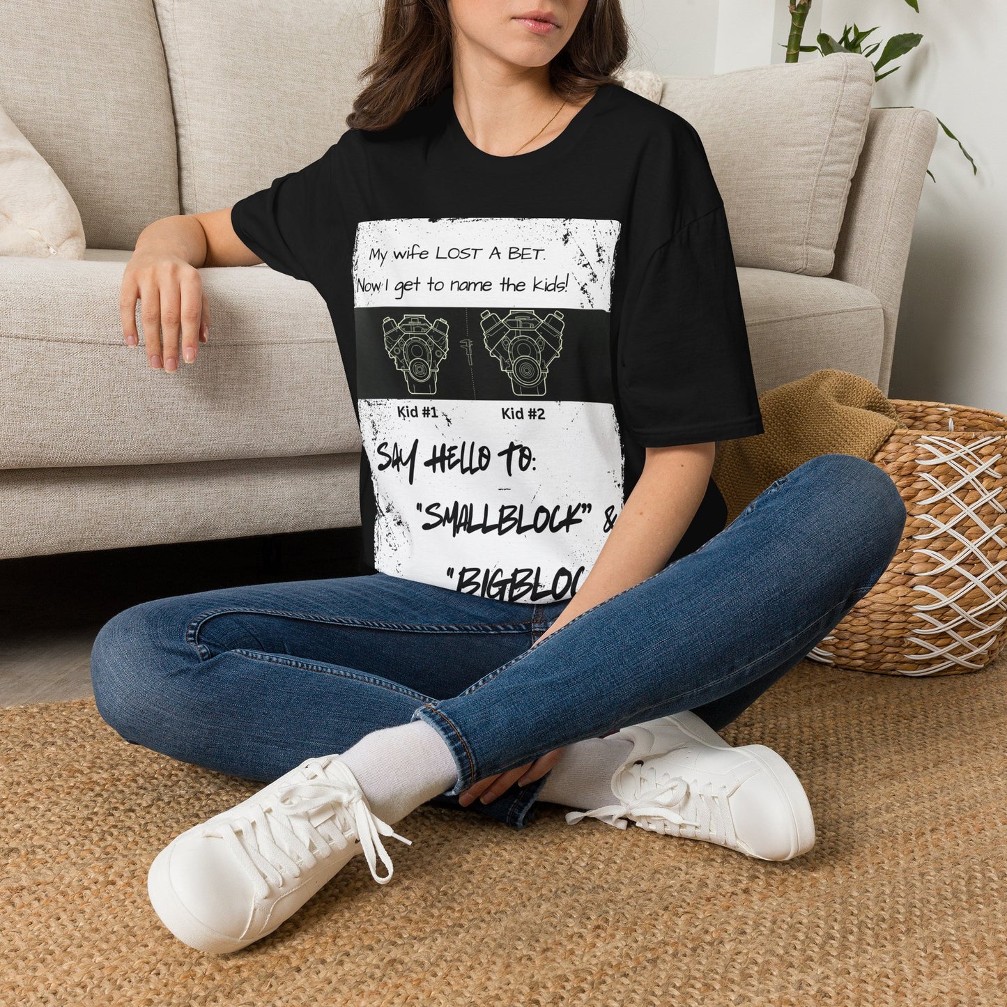 Funny Nod to Car Guys & Gals W/Black Text T-Shirt — "My Wife Lost a Bet. Now I Get to Name the Kids!"