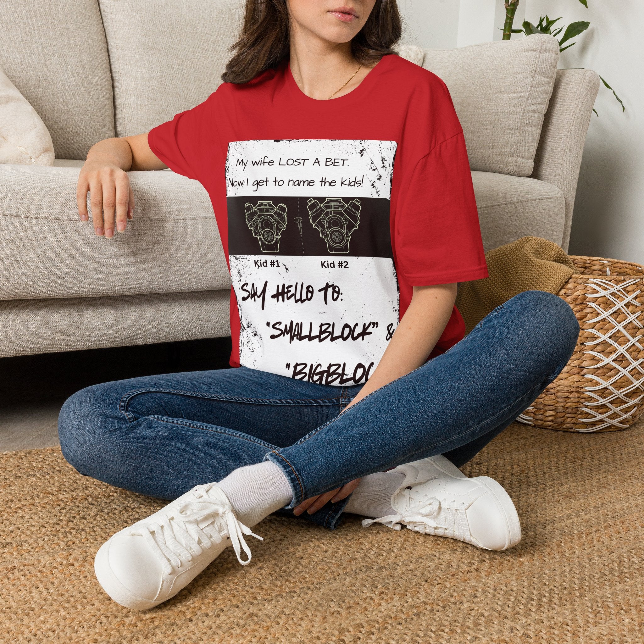 Funny Nod to Car Guys & Gals W/Black Text T-Shirt — "My Wife Lost a Bet. Now I Get to Name the Kids!"
