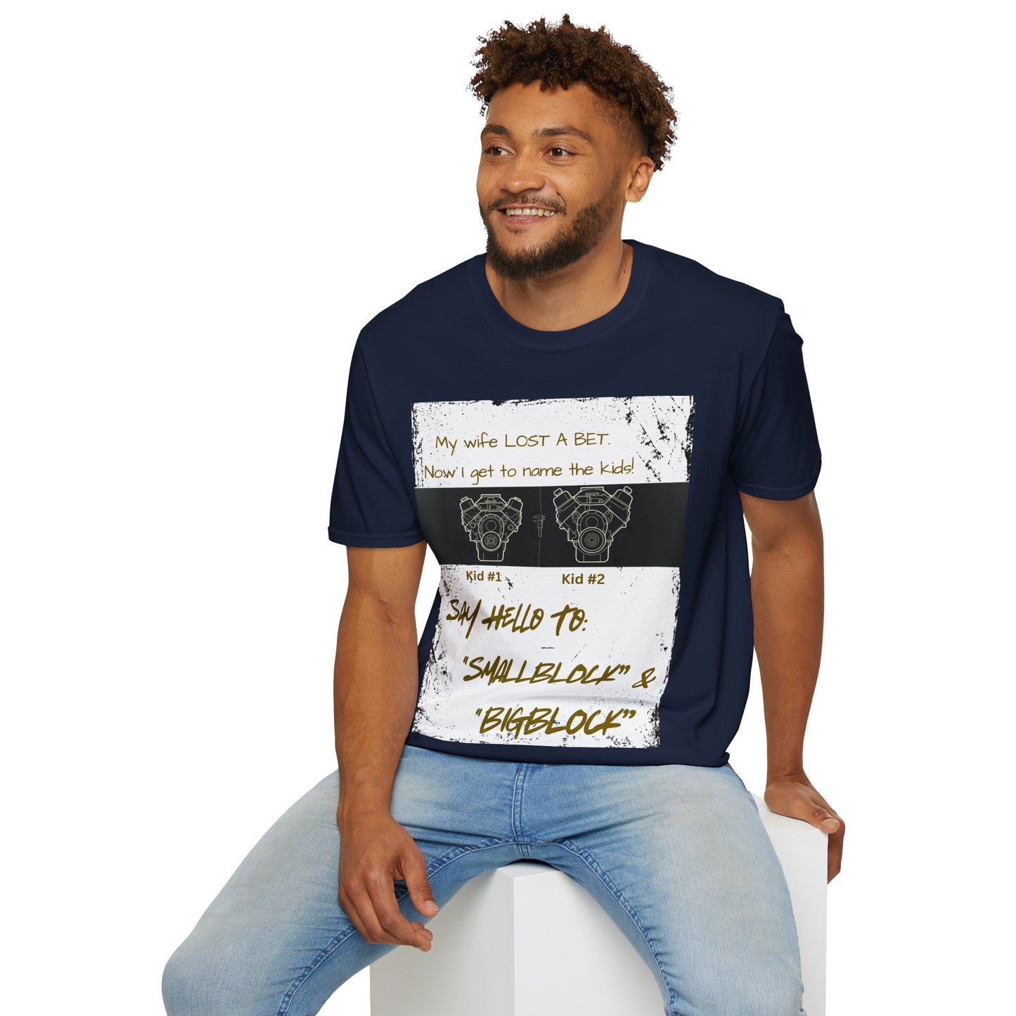 Funny Nod to Car Guys & Gals W/Golden Text T-Shirt — "My Wife Lost a Bet. Now I Get to Name the Kids!"
