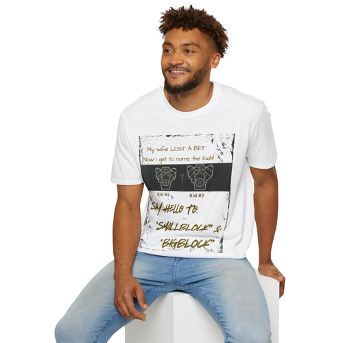 Funny Nod to Car Guys & Gals W/Golden Text T-Shirt — "My Wife Lost a Bet. Now I Get to Name the Kids!"