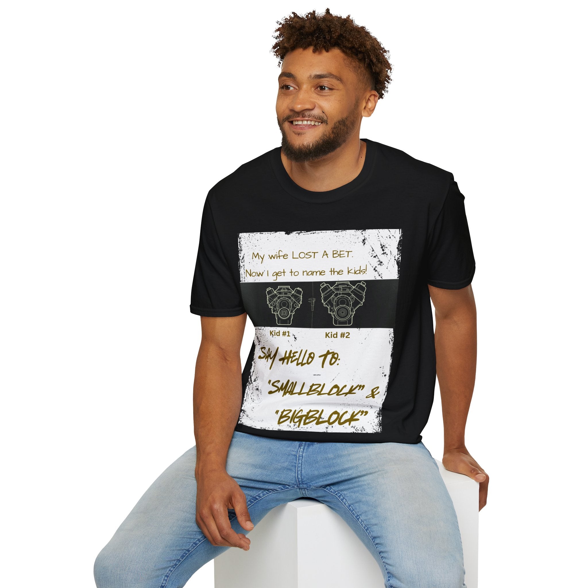 Funny Nod to Car Guys & Gals W/Golden Text T-Shirt — "My Wife Lost a Bet. Now I Get to Name the Kids!"