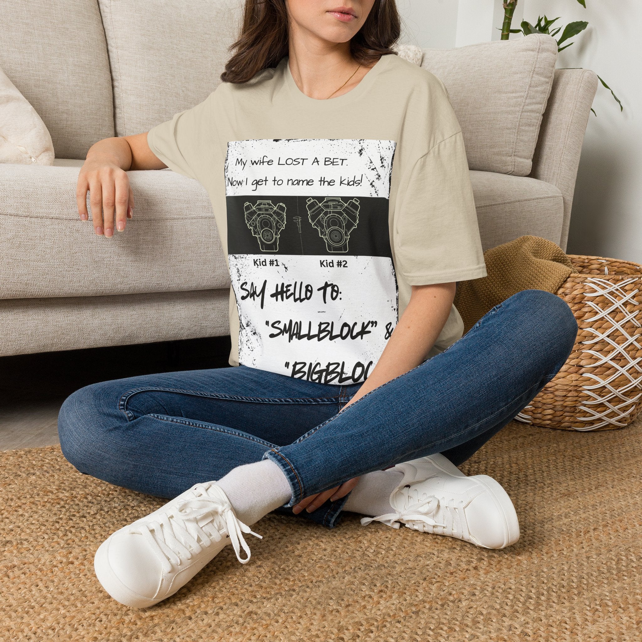 Funny Nod to Car Guys & Gals W/Black Text T-Shirt — "My Wife Lost a Bet. Now I Get to Name the Kids!"