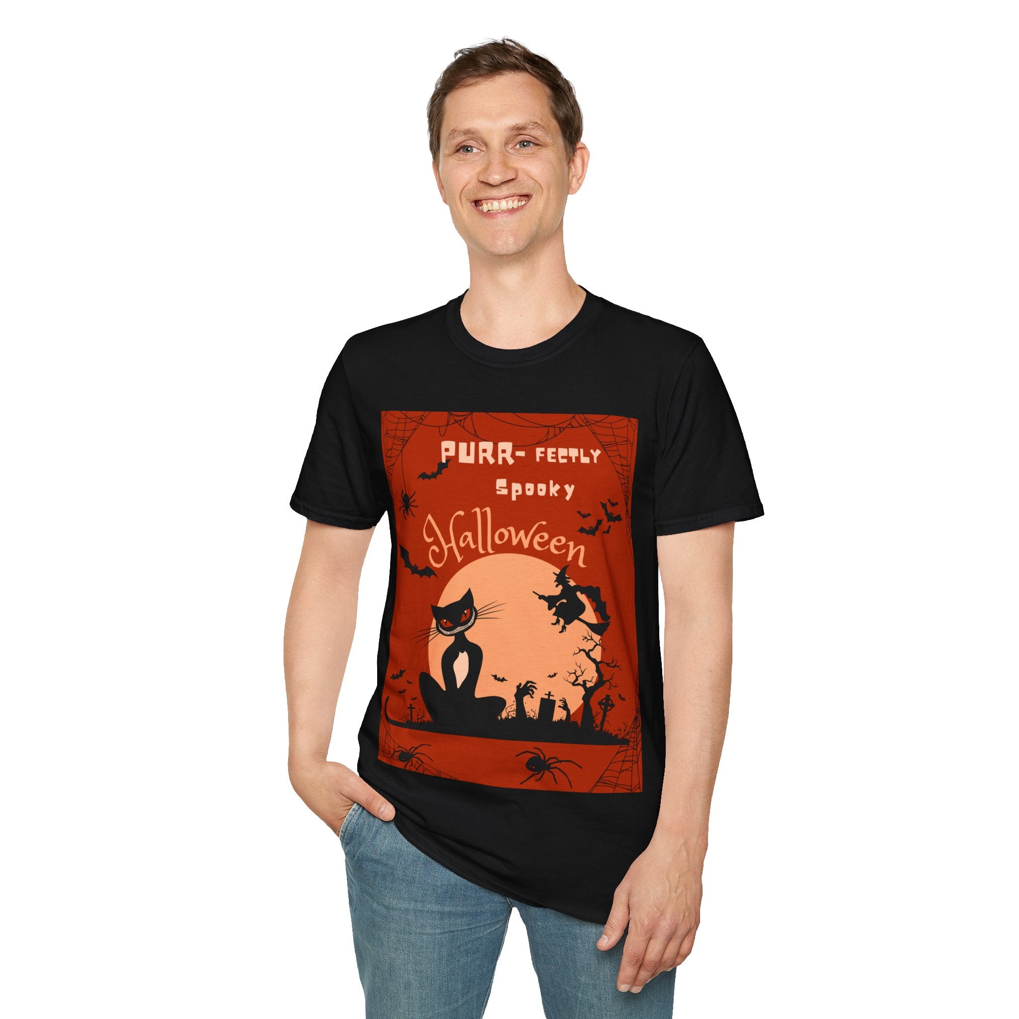 Purr-fectly Spooky Halloween Cat T-Shirt, Vintage vibe, for All Ages, Unisex, Gildan 64000