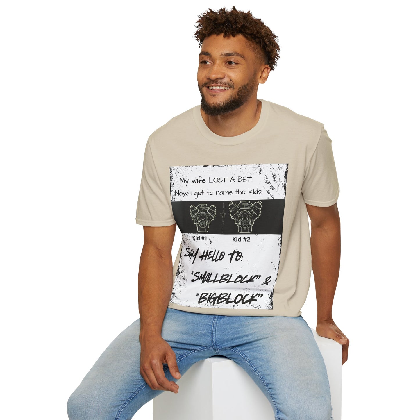 Funny Nod to Car Guys & Gals W/Black Text T-Shirt — "My Wife Lost a Bet. Now I Get to Name the Kids!"
